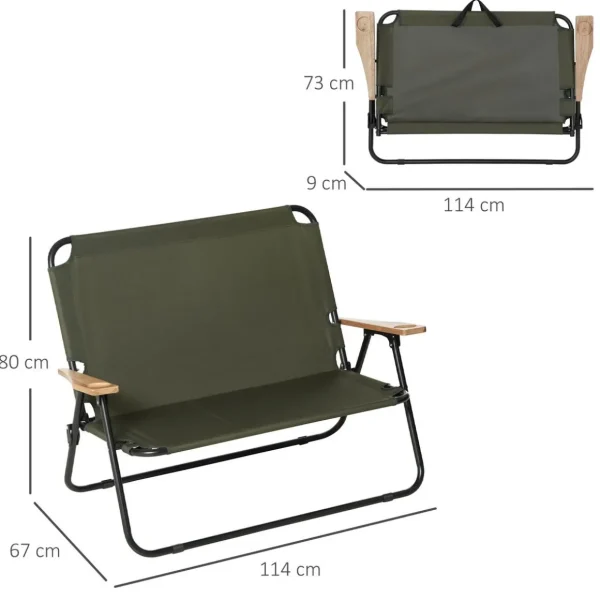 Banc 2 places pliable de camping - accoudoirs bois, porte-gobelets - acier noir Oxford vert