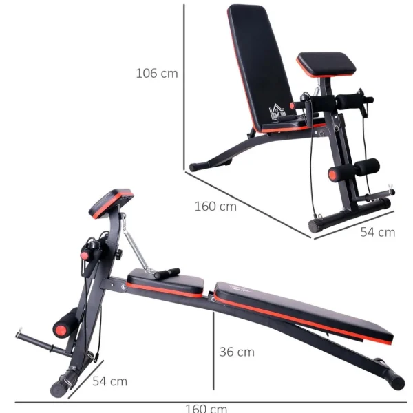 Banc de musculation pliable inclinable réglable 160L x 53l x 106H cm sangles élastiques + support haltères inclus acier noir rouge