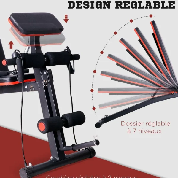 Banc de musculation pliable inclinable réglable 160L x 53l x 106H cm sangles élastiques + support haltères inclus acier noir rouge
