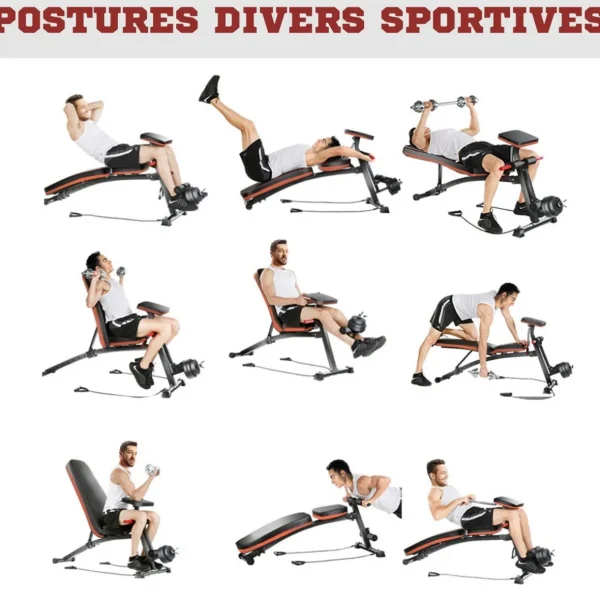Banc de musculation pliable inclinable réglable 160L x 53l x 106H cm sangles élastiques + support haltères inclus acier noir rouge