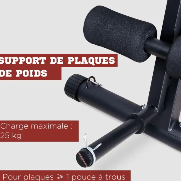 Banc de musculation pliable inclinable réglable 160L x 53l x 106H cm sangles élastiques + support haltères inclus acier noir rouge