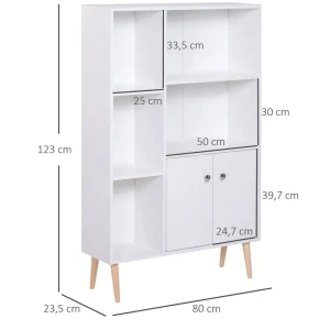 Bibliothèque scandinave dim. 80L x 23,5l x 123H cm 5 niches placard 2 portes pieds effilés inclinés bois massif panneaux particules blanc