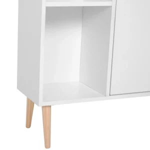 Bibliothèque scandinave dim. 80L x 23,5l x 123H cm 5 niches placard 2 portes pieds effilés inclinés bois massif panneaux particules blanc