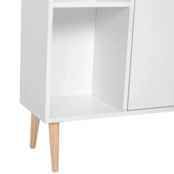 Bibliothèque scandinave dim. 80L x 23,5l x 123H cm 5 niches placard 2 portes pieds effilés inclinés bois massif panneaux particules blanc