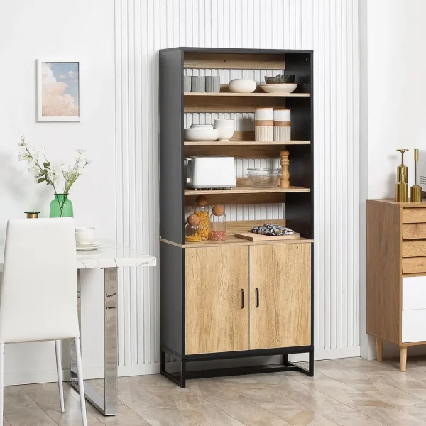 Buffet haut multi-rangement 2 portes total 5 étagères piètement acier noir panneaux aspect bois clair
