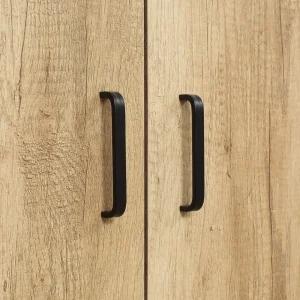 Buffet haut multi-rangement 2 portes total 5 étagères piètement acier noir panneaux aspect bois clair