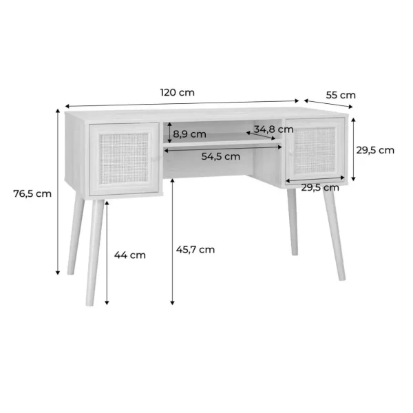 Bureau cannage et décor bois avec 2 portes. 1 casier ouvert. pieds compas