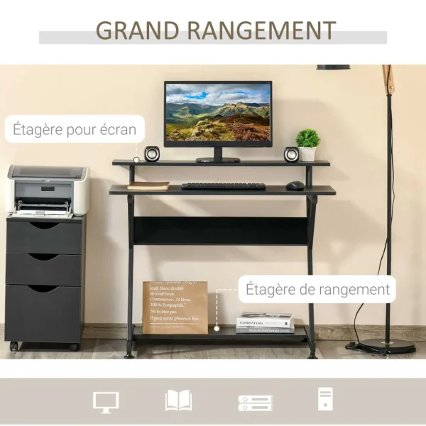 Bureau informatique gamer avec étagères dim. 100L x 60l x 85,5H cm MDF métal noir