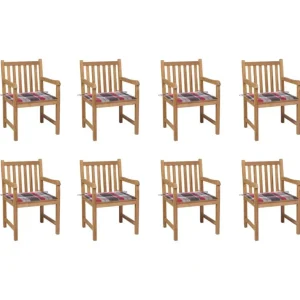 Chaises de jardin lot de 8 et coussins carreaux rouge Bois teck