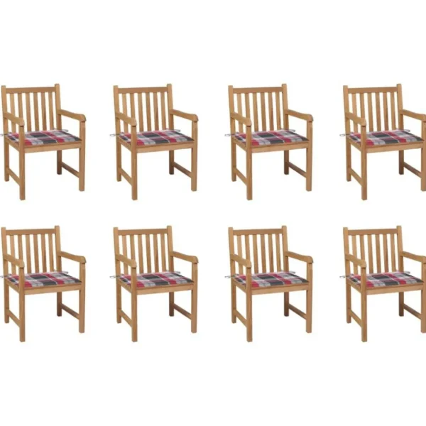 Chaises de jardin lot de 8 et coussins carreaux rouge Bois teck