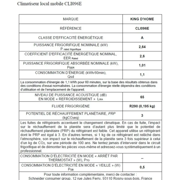 Climatiseur mobile électronique CLI096E, Classe énergétique A - Blanc