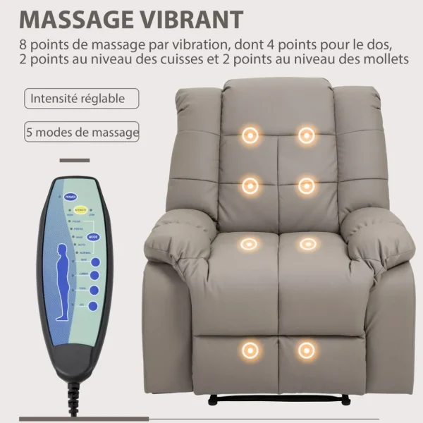 Fauteuil luxe de relaxation et massage inclinaison dossier repose-pied réglable revêtement synthétique gris