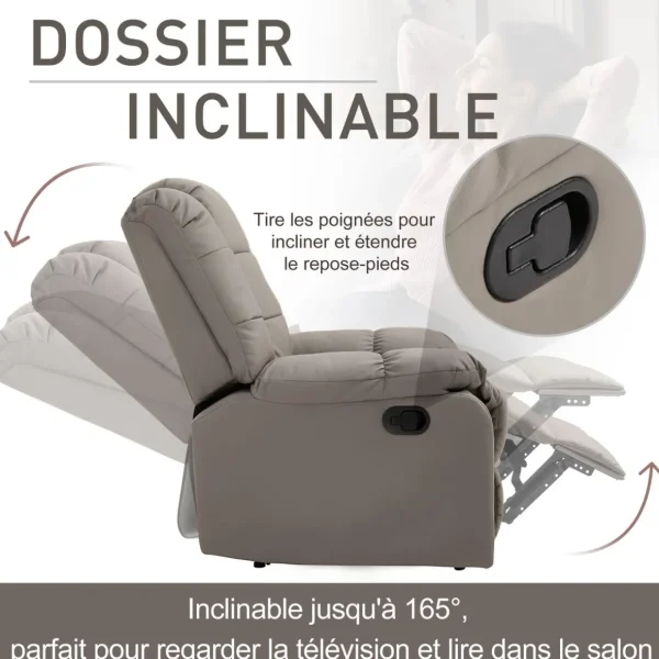 Fauteuil luxe de relaxation et massage inclinaison dossier repose-pied réglable revêtement synthétique gris