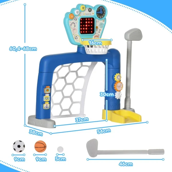 Jeux sportifs 3 en 1 enfant 18-48 mois - foot, basket, golf - effets lumineux sonores bleu