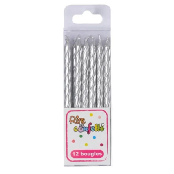 Lot de 12 Bougies d'Anniversaire Métalliques 6cm Argent