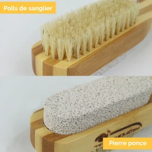 Lot de 2 brosses à ongles et pierre ponce 17,5 cm double face en bambou et poils de sanglier