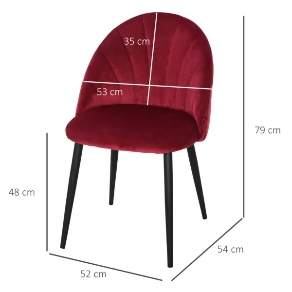Lot de 2 chaises velours bordeaux pieds métal noir dim. 52L x 54l x 79H cm