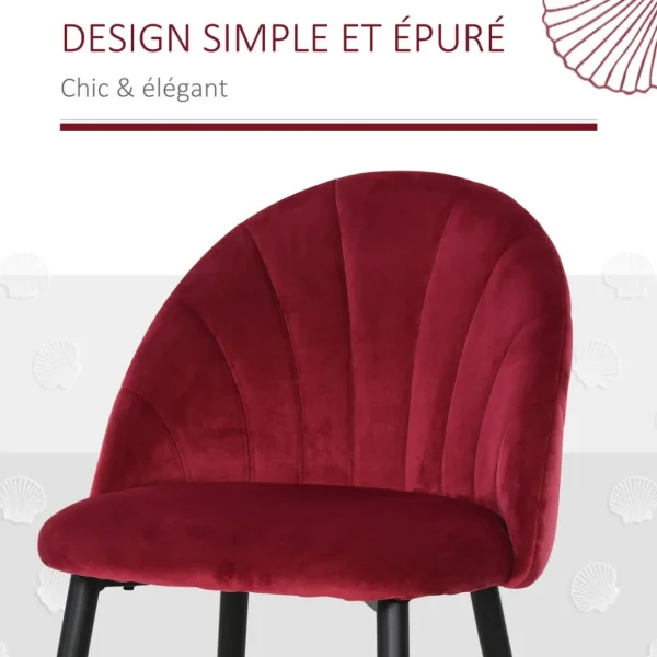 Lot de 2 chaises velours bordeaux pieds métal noir dim. 52L x 54l x 79H cm