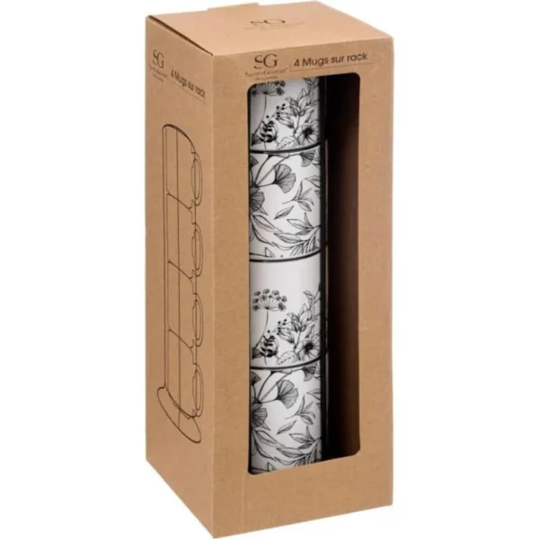 Lot de 4 Mugs sur Rack White Floral 24cl Blanc