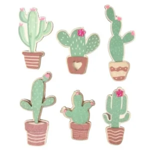Lot de 6 Stickers en Bois Cactus 5cm Vert