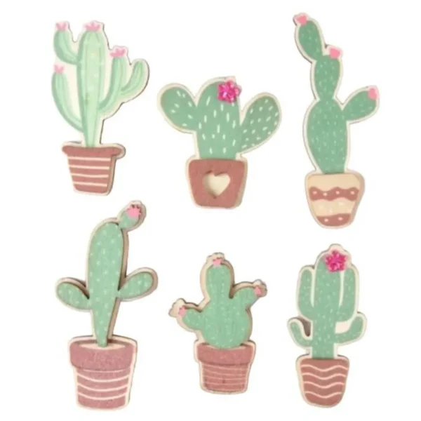 Lot de 6 Stickers en Bois Cactus 5cm Vert