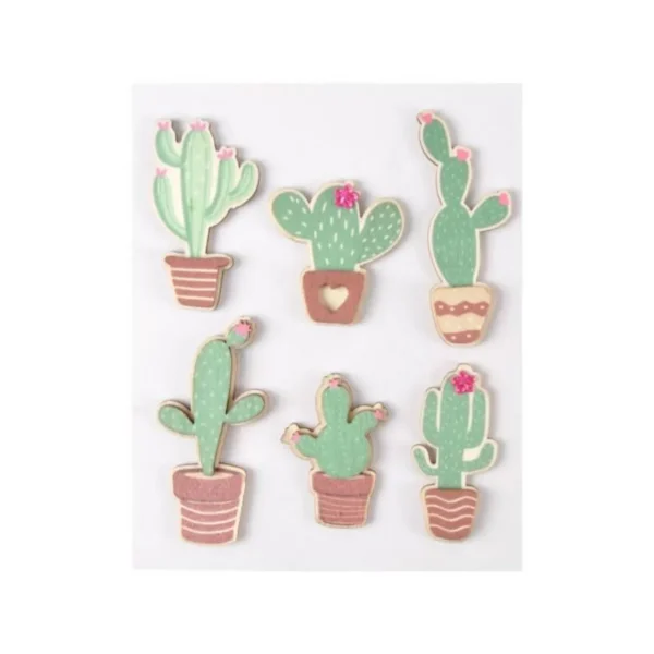 Lot de 6 Stickers en Bois Cactus 5cm Vert