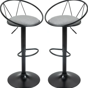 Lot de 2 tabourets de bar design néo-rétro réglable pivotant avec repose-pied métal noir lin gris