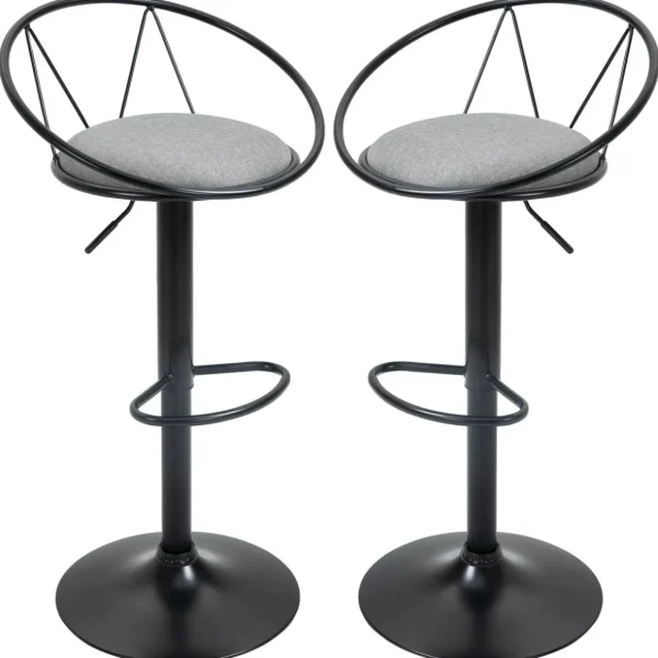 Lot de 2 tabourets de bar design néo-rétro réglable pivotant avec repose-pied métal noir lin gris