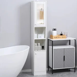 Meuble colonne de salle de bain 2 portes avec étagères réglables 2 niches miroir panneaux particules blanc