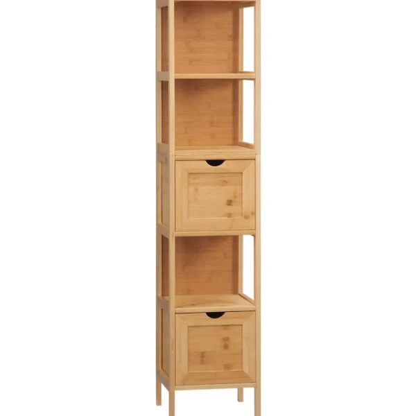 Meuble colonne rangement salle de bain bambou design cosy naturel 2 tiroirs 3 niches H. 140 cm