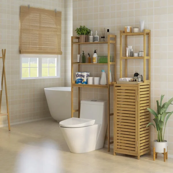Meuble colonne salle de bain style naturel porte niche 4 étagères bambou