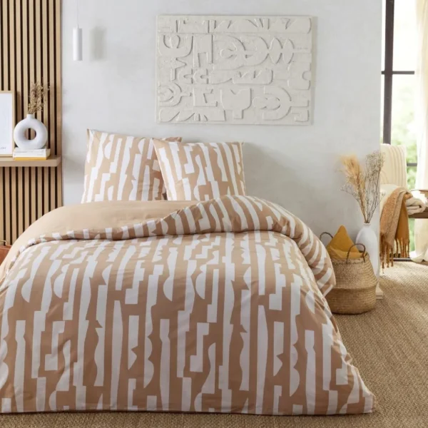 Parure de lit 2 personnes en coton 57 fils imprimé camel