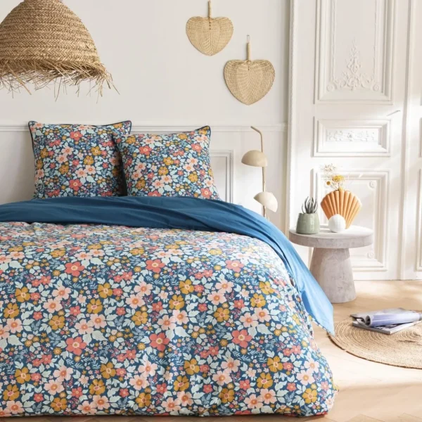 Parure de lit 2 personnes en coton 57 fils imprimé bleu