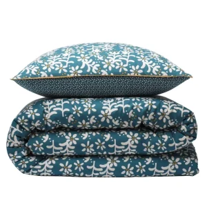 Parure de lit 2 personnes en coton 57 fils imprimé bleu