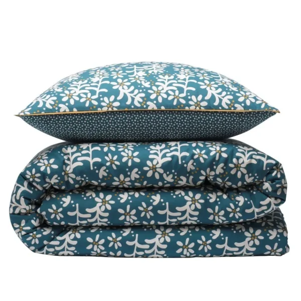 Parure de lit 2 personnes en coton 57 fils imprimé bleu
