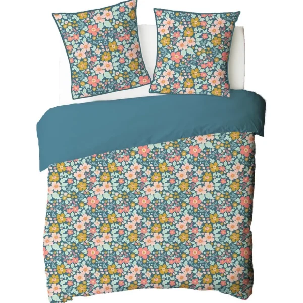 Parure de lit 2 personnes en coton 57 fils imprimé bleu