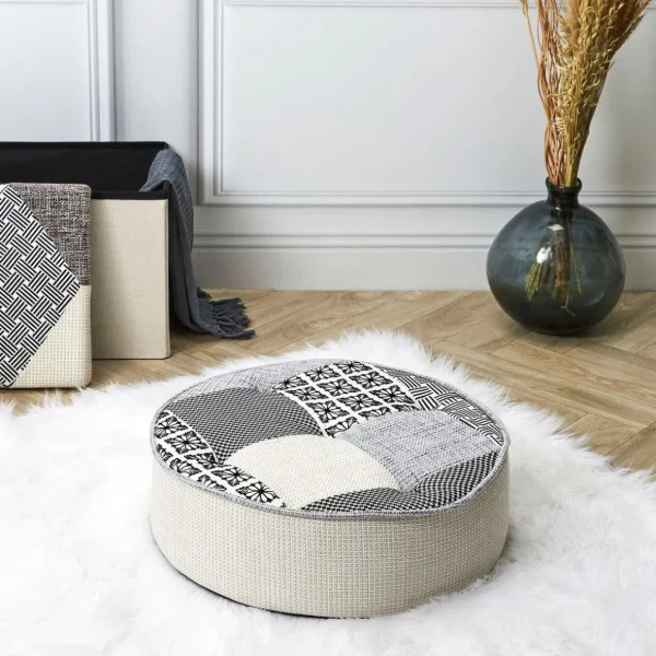Pouf rond patchwork - Beige et Gris