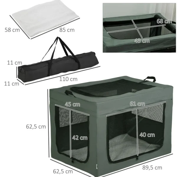 Sac de transport pliable pour chien chat - 2 poignées, 3 portes - dim. 89L x 62l x 62H cm - acier polyester gris