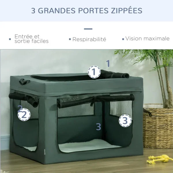 Sac de transport pliable pour chien chat - 2 poignées, 3 portes - dim. 89L x 62l x 62H cm - acier polyester gris