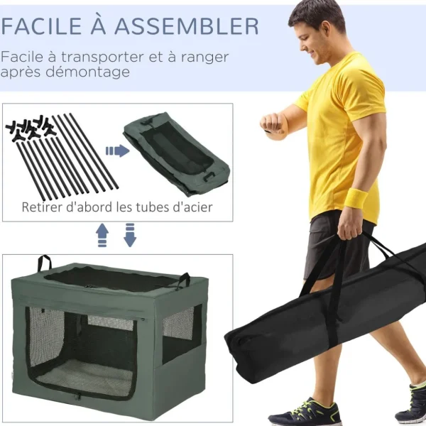 Sac de transport pliable pour chien chat - 2 poignées, 3 portes - dim. 89L x 62l x 62H cm - acier polyester gris