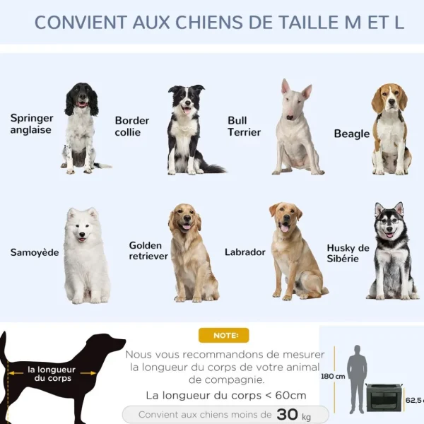 Sac de transport pliable pour chien chat - 2 poignées, 3 portes - dim. 89L x 62l x 62H cm - acier polyester gris