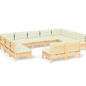 Salon de jardin 11 pcs avec coussins creme Bois de pin solide