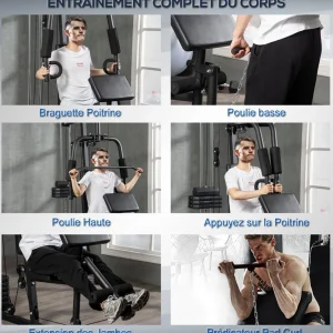 Station de musculation - entrainement complet - développé couché, butterfly, barre latissimus, curler, bande résistance - 9 contrepoids - acier noir