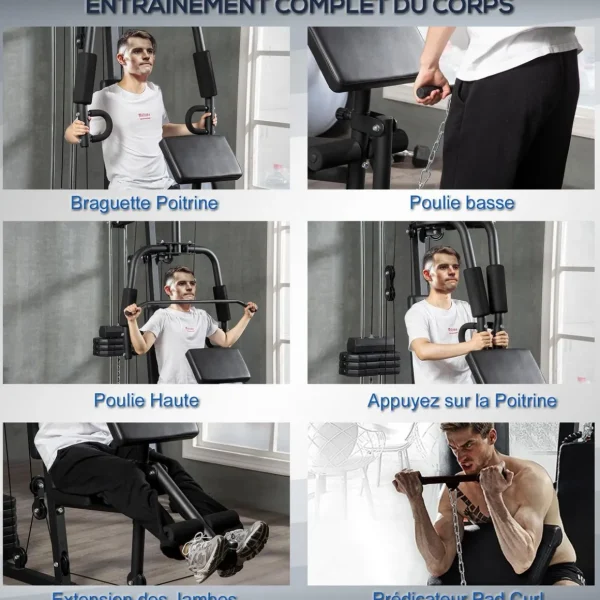 Station de musculation - entrainement complet - développé couché, butterfly, barre latissimus, curler, bande résistance - 9 contrepoids - acier noir