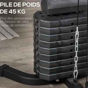 Station de musculation - entrainement complet - développé couché, butterfly, barre latissimus, curler, bande résistance - 9 contrepoids - acier noir