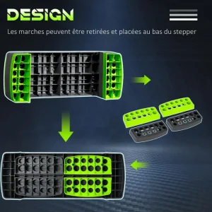 Stepper Fitness Aerobic hauteur reglable surface antiderapante dim. 78L x 28l x 10/15/20H cm PP noir vert