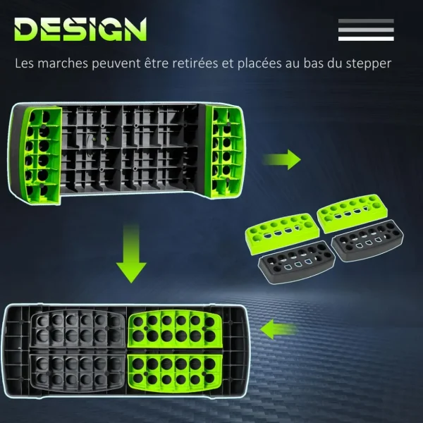 Stepper Fitness Aerobic hauteur reglable surface antiderapante dim. 78L x 28l x 10/15/20H cm PP noir vert