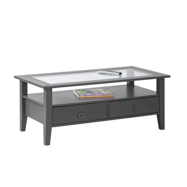 Table basse rectangulaire en bois massif 2 tiroirs plateau verre L115cm CASSIS
