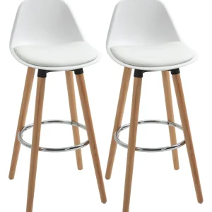 Tabourets de bar style scandinave - lot de 2 tabourets de bar avec repose-pieds - piètement bois de hêtre assise PU blanc