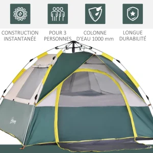 Tente de camping pop up 3 personnes porte 3 fenêtres sac de transport inclus fibre verre polyester PE jaune gris vert